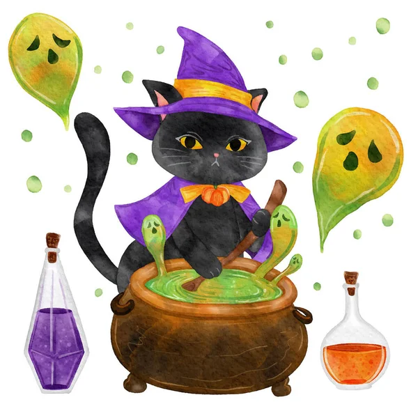 Watercolor Halloween Cat Design Vector Illustration — Stock Vector