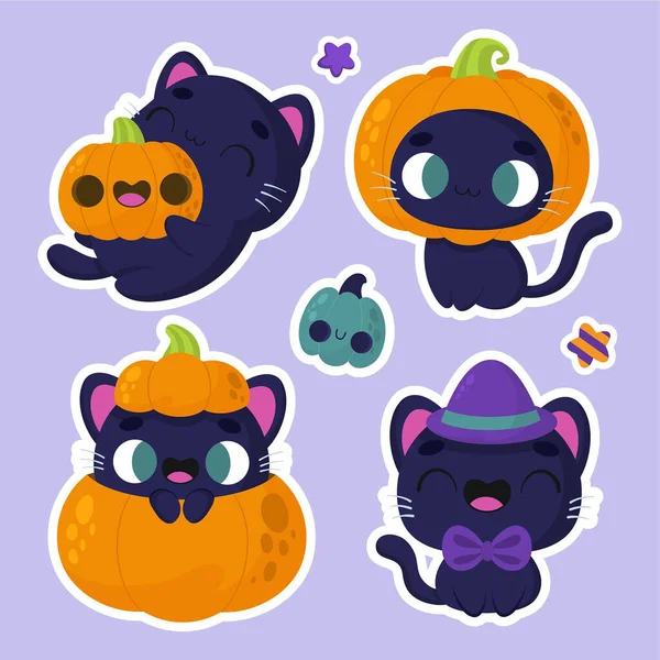 Halloween Stickers Schattig Kat Pompoen Ontwerp Vector Illustratie — Stockvector