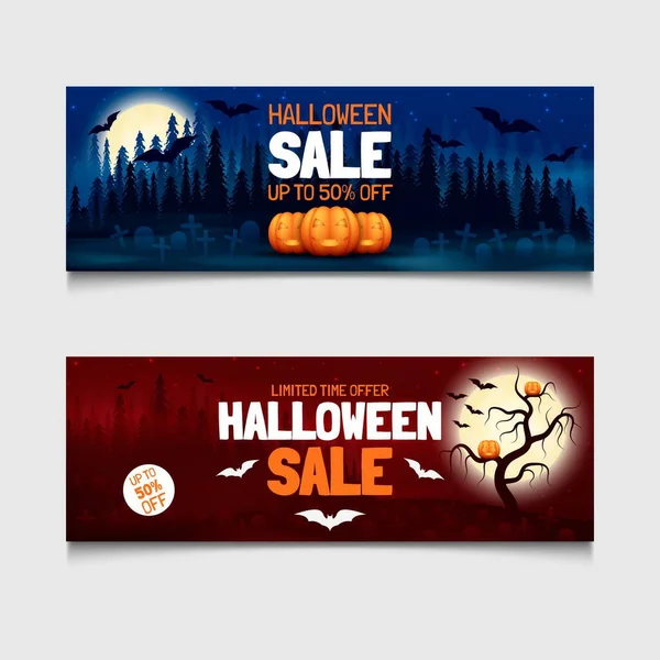 Halloween Realista Venda Horizontal Banners Conjunto Vetor Design Ilustração — Vetor de Stock