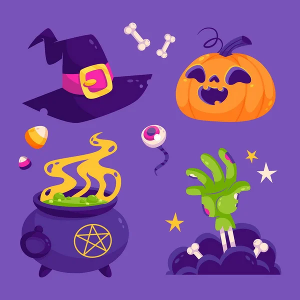 Επίπεδη Halloween Στοιχεία Συλλογή Διανυσματική Απεικόνιση Σχεδιασμού — Διανυσματικό Αρχείο