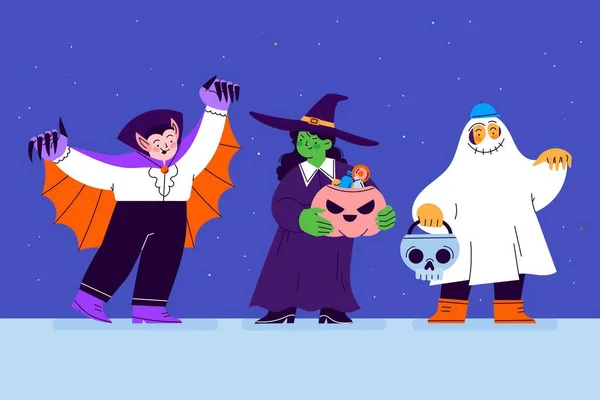 Ručně Kreslené Ploché Halloween Děti Kolekce Kostýmy — Stockový vektor