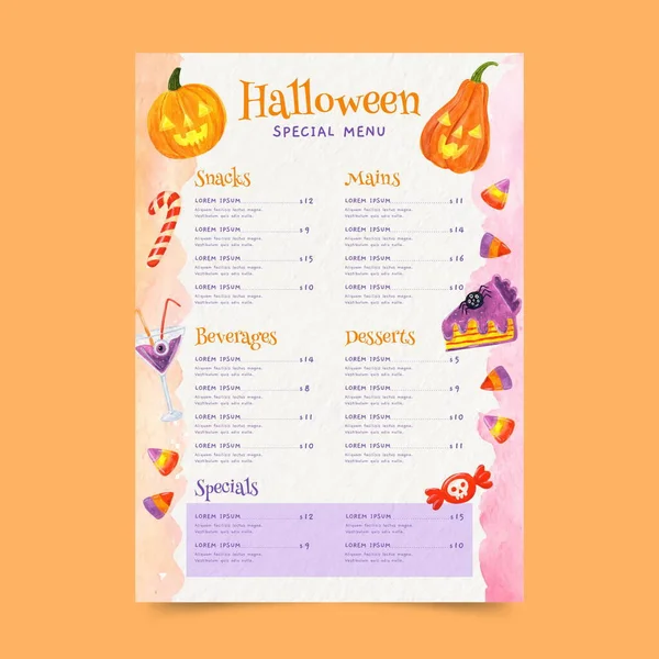 Acquerello Halloween Menu Modello Disegno Vettoriale Illustrazione — Vettoriale Stock