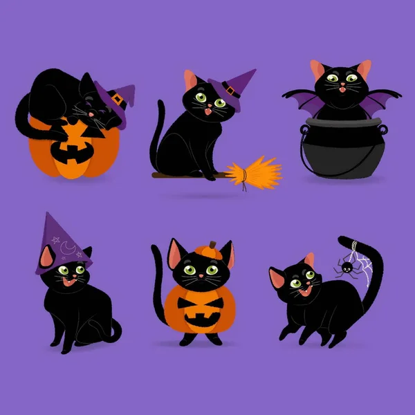 Çizimi Düz Cadılar Bayramı Kedileri Vektör Tasarımı Çizimi — Stok Vektör