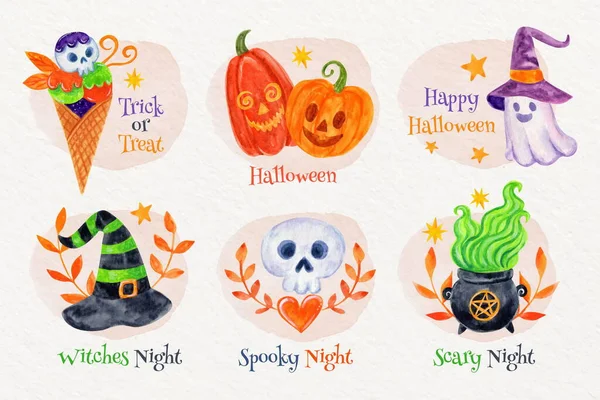 Aquarela Halloween Etiquetas Coleção Vetor Desenho Ilustração — Vetor de Stock