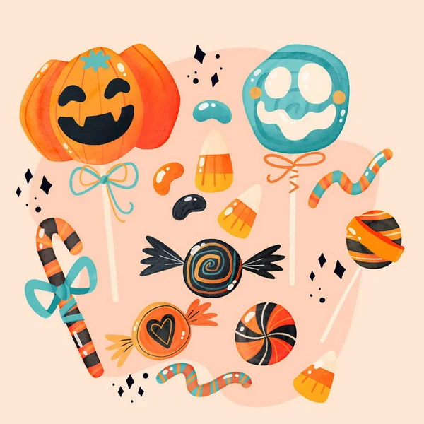 Akvarell Halloween Godis Samling Vektor Design Illustration — Stock vektor