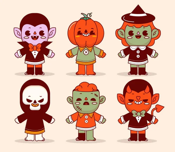 Kézzel Rajzolt Lapos Halloween Karakterek Gyűjtemény Vektor Tervezés Illusztráció — Stock Vector