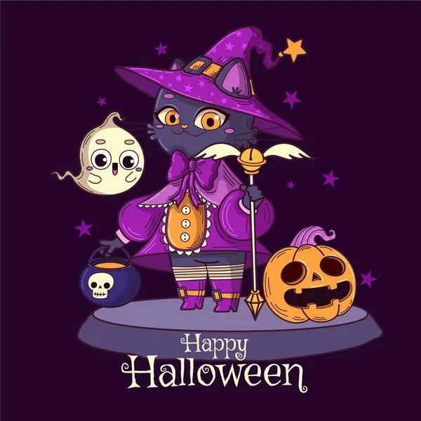 Hand Getekend Halloween Kat Illustratie — Stockvector
