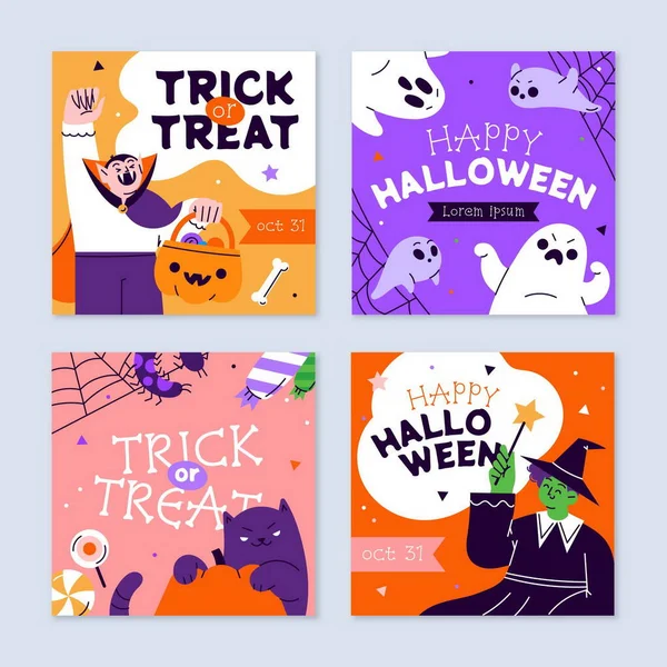 Mano Dibujado Plano Halloween Instagram Postes Colección Vector Diseño Ilustración — Vector de stock