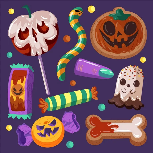 Hand Gezeichnet Flache Halloween Süßigkeiten Sammlung Vektor Design Illustration — Stockvektor
