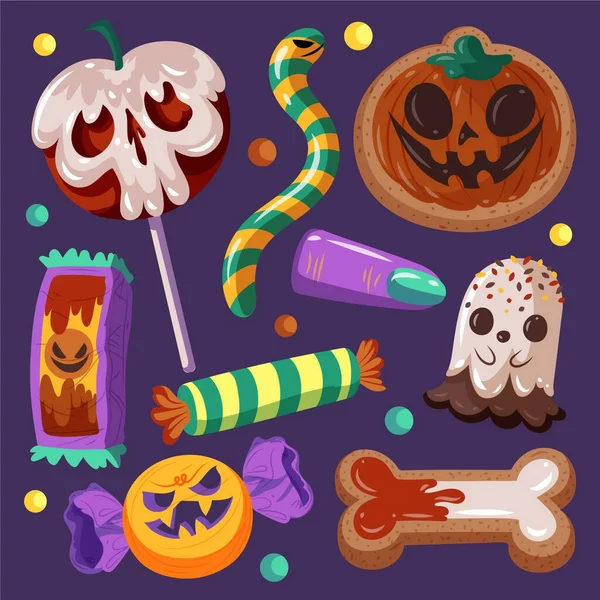 Mão Desenhada Plana Halloween Doce Coleção Vetor Design Ilustração —  Vetores de Stock