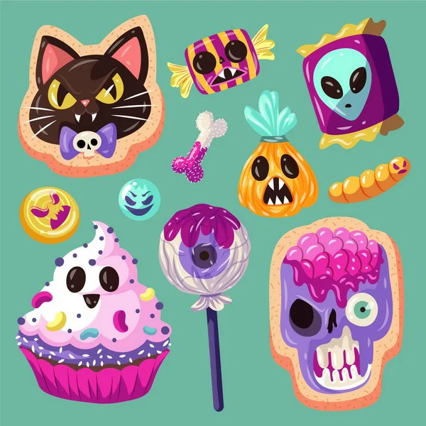 Mano Dibujado Plano Halloween Caramelo Colección Vector Diseño Ilustración — Archivo Imágenes Vectoriales