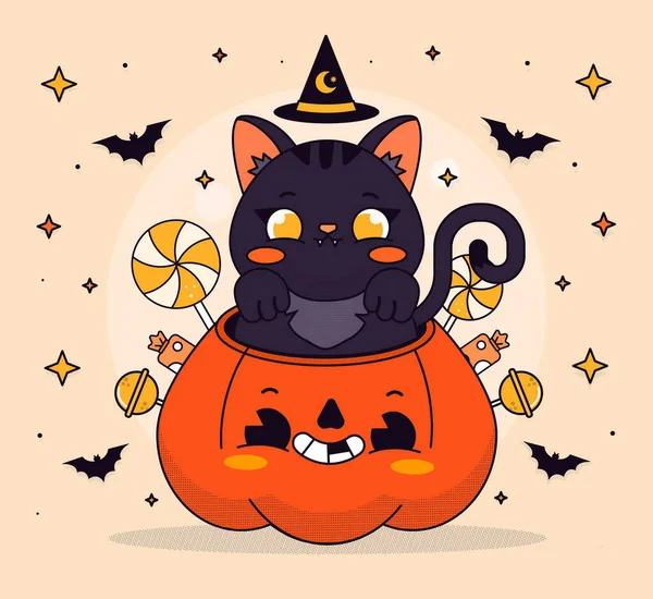 Mão Desenhada Plana Halloween Gato Desenho Vetorial Ilustração —  Vetores de Stock