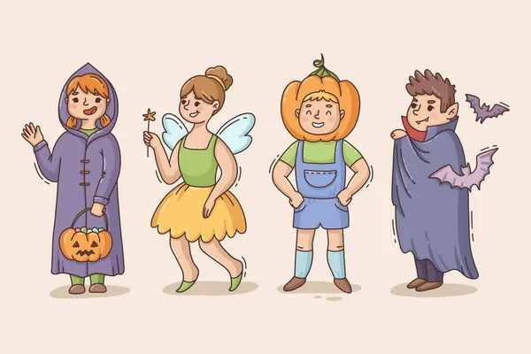 Ručně Kreslené Halloween Děti Kolekce Vektorový Design Ilustrace — Stockový vektor