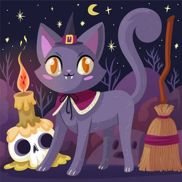 Hand Gezeichnet Flach Halloween Katze Vektor Design Illustration — Stockvektor