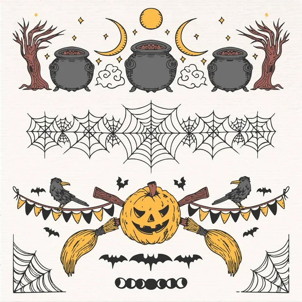 Disegnato Mano Collezione Bordi Halloween — Vettoriale Stock