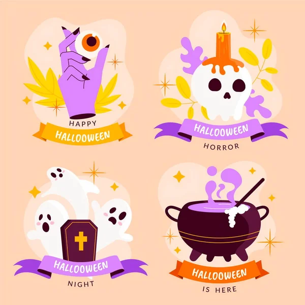 Colección Etiquetas Halloween Plano Dibujado Mano — Vector de stock