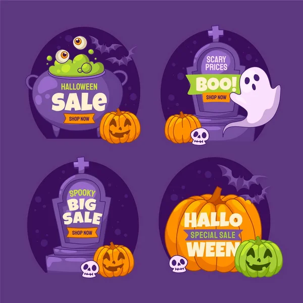 Mano Dibujado Plano Halloween Venta Etiquetas Colección — Vector de stock