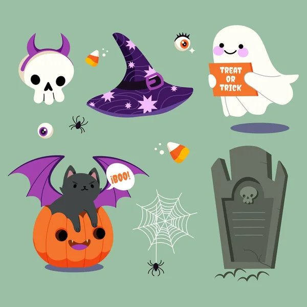 Mano Dibujado Plano Halloween Elementos Colección Vector Diseño Ilustración — Vector de stock