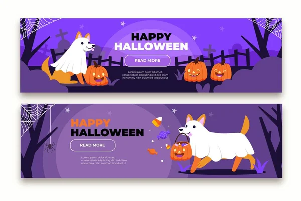 Mano Dibujado Plana Halloween Banderas Horizontales Conjunto Vector Diseño Ilustración — Vector de stock