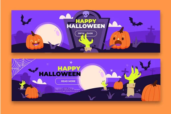 Hand Getekend Platte Halloween Horizontale Banners Set Vector Ontwerp Illustratie — Stockvector