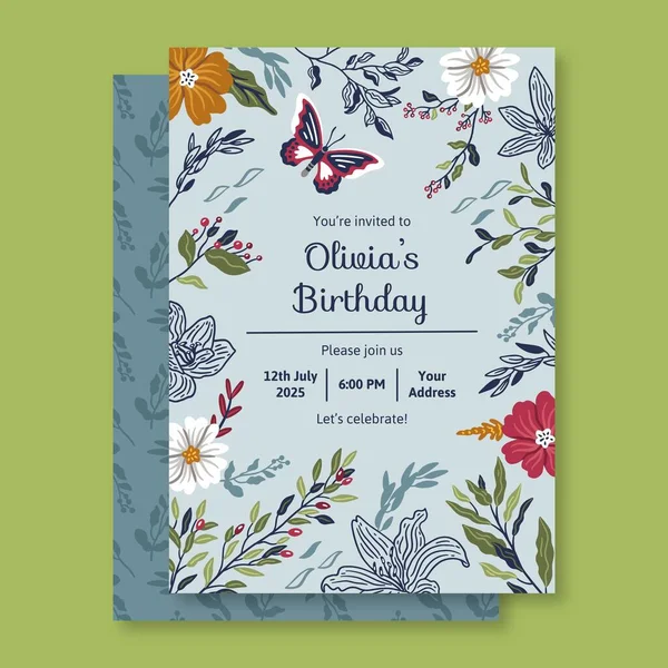 花の装飾が施された誕生日カードベクトルデザインイラスト — ストックベクタ