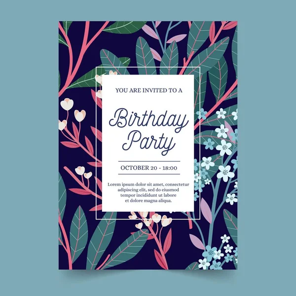 Geburtstag Einladung Vorlage Mit Rahmen Blumen Vektor Design Illustration — Stockvektor