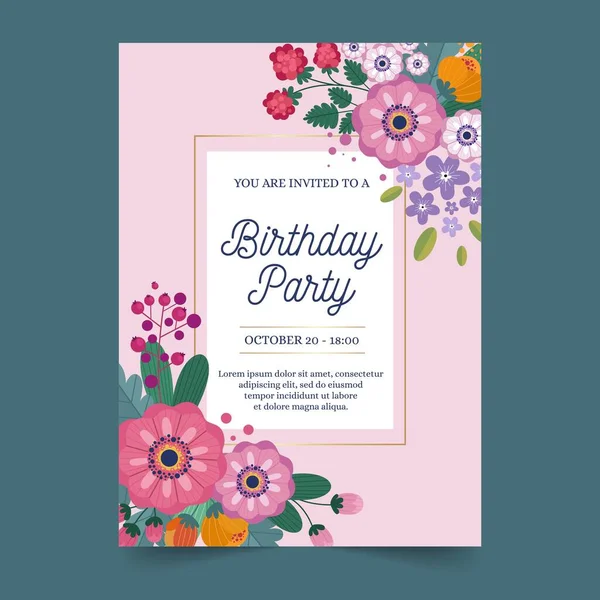 Geburtstag Einladung Vorlage Mit Blumen Vektor Design Illustration — Stockvektor