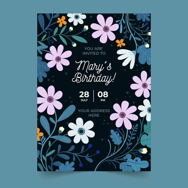 Donkere Verjaardag Uitnodiging Template Met Bloemen Vector Ontwerp Illustratie — Stockvector