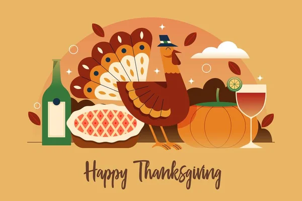 Flat Thanksgiving Background Turkey Food Vector Design Illustration — Stock Vector