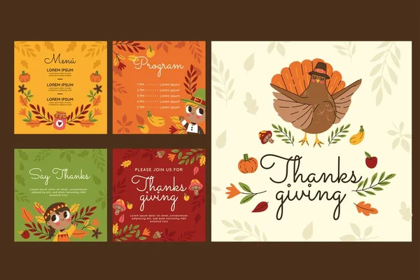 Hand Getekend Platte Thanksgiving Instagram Berichten Collectie Vector Ontwerp Illustratie — Stockvector