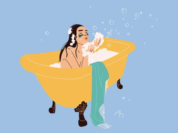 Genç Güzel Bir Kadın Sabun Köpüğüyle Banyo Yapıyor Köpük Üfleyen — Stok Vektör