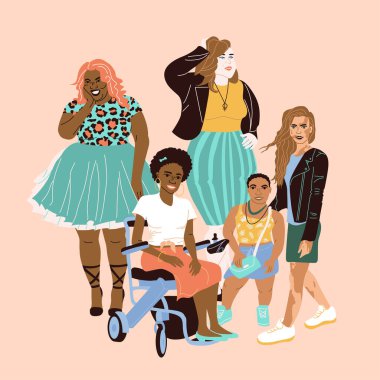 Set of lovely women with natural beauty, different shapes, height and skin color. Different women in flat style. People with skin problems, people in a wheelchair, dwarfism, and different complexions.