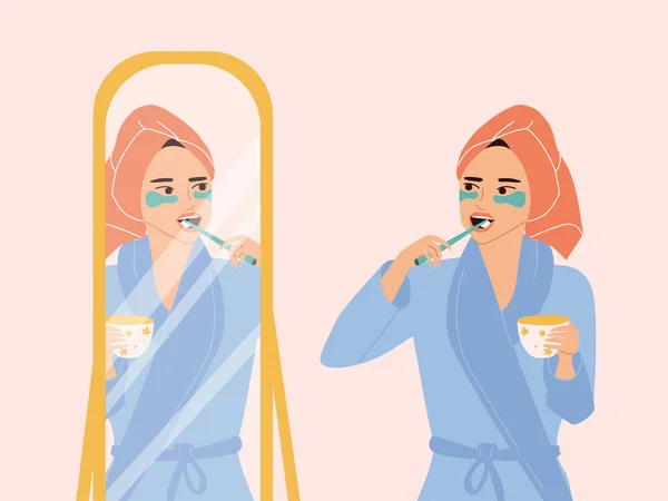 Cute Girl Turban Dressing Gown Stands Mirror Brushes Her Teeth — Vector de stock