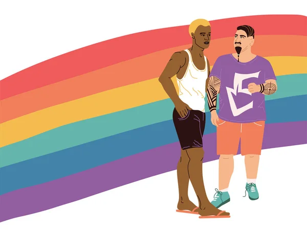 Affiche Avec Quelques Homosexuels Devant Drapeau Communauté Lgbt Couple Gay — Image vectorielle