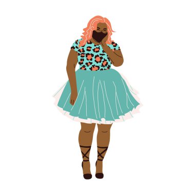 Kıvrımlı güzel Afro-Amerikan kadın karakter maske takıyor. Kabarık elbiseli mutlu şişman kadın. İri bir kadınla düz bir şekilde resmedilmiş. Vücudunun aşk temasını tasarlamak için..