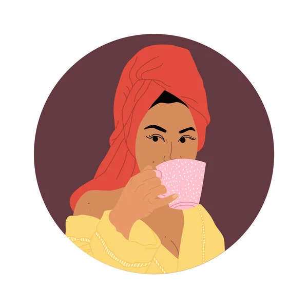 Illustration Avec Une Jeune Femme Dans Une Serviette Buvant Café — Image vectorielle