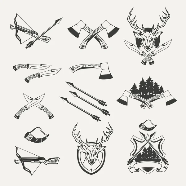 Conjunto de emblemas de caza, insignias, etiquetas y elementos diseñados — Vector de stock