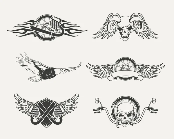 Sada motocyklu emblémy, odznaky, štítky a řešené prvky. Stock Ilustrace