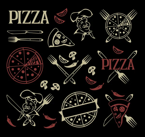 Pizza simgeler ve tasarım öğeleri kümesi.