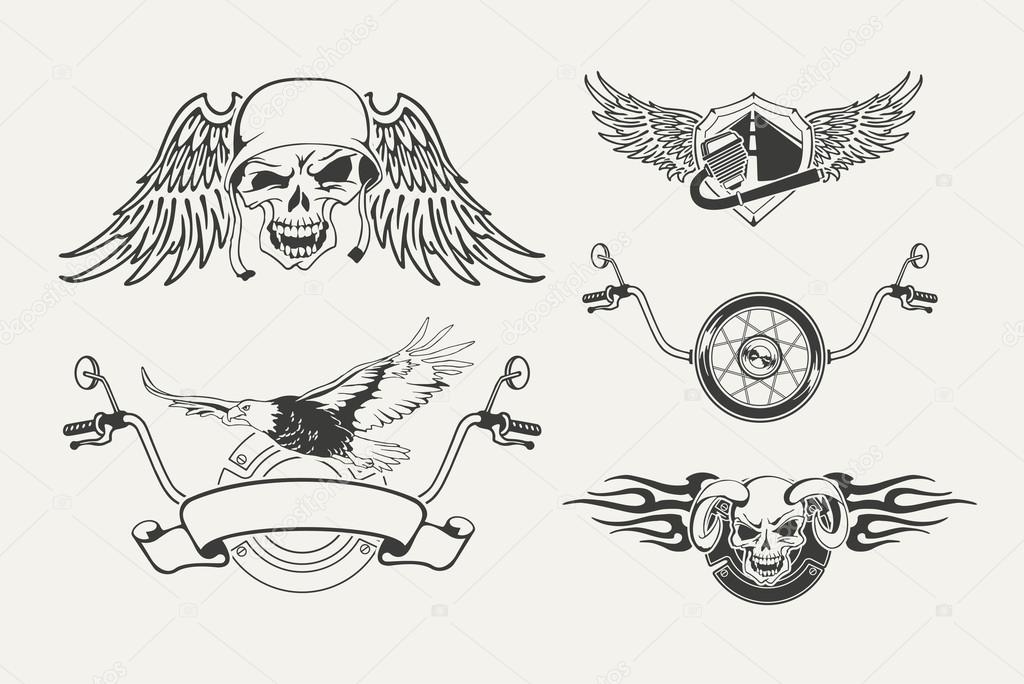 Set of motorcycle emblems, badges, labels and designed elements.