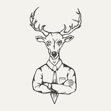 illustration of deer hipster. Black and white style clipart
