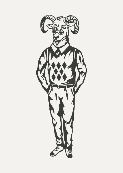 Ilustración de la cabra hipster. Estilo blanco y negro — Vector de stock