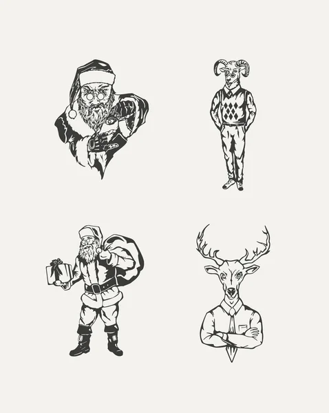 绘制的插图集。圣诞老人和鹿时髦 — 图库矢量图片