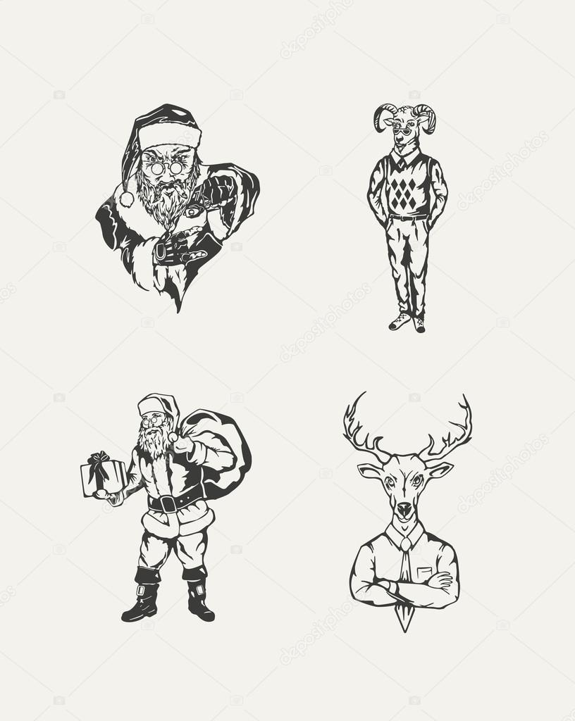 Set of drawn illustration. Santa Claus and deer hipster