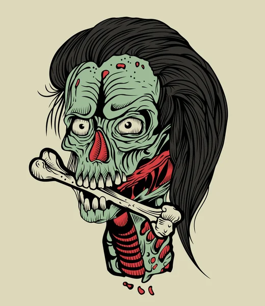 Illustrazione zombie testa con un osso . — Vettoriale Stock