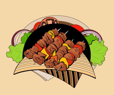 Image of four skewers with pieces shashlik. clipart