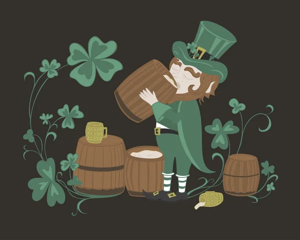 Leprechaun beve birra da un barile di legno . — Vettoriale Stock