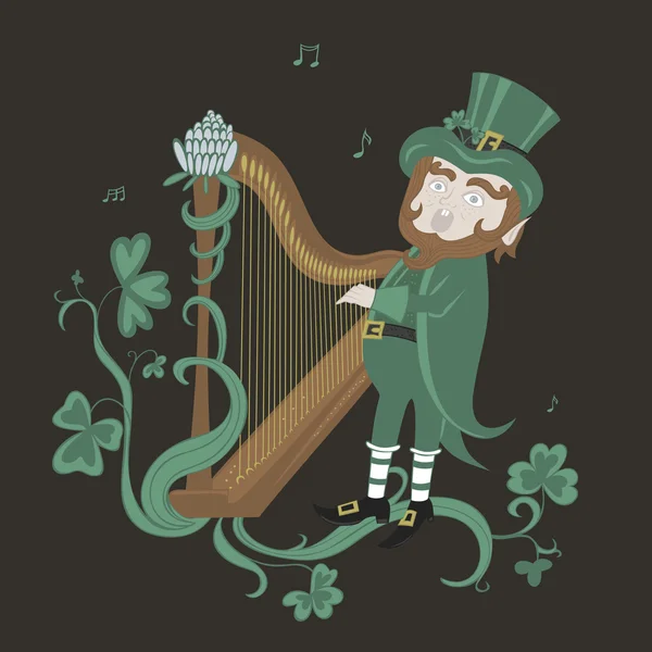 Leprechaun spelen van de harp en zingen. — Stockvector