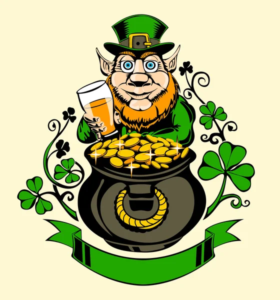 Leprechaun è in piedi accanto a una pentola d'oro . — Vettoriale Stock