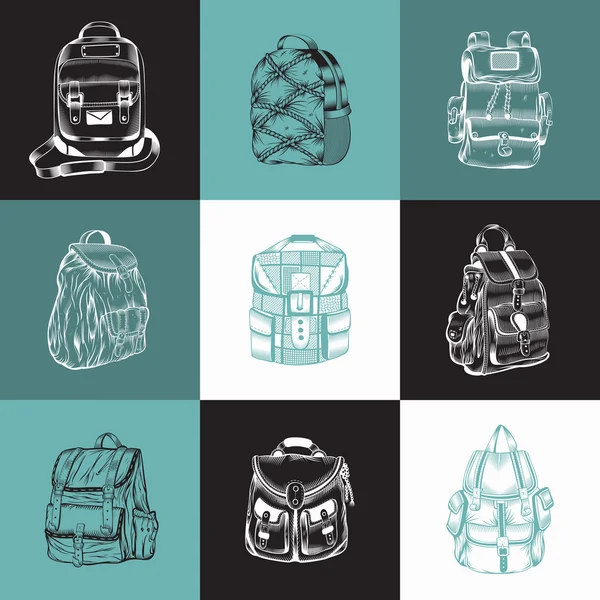 Set de diferentes mochilas de senderismo . — Archivo Imágenes Vectoriales